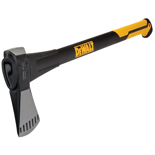 A DEWALT branded splitting axe with a black and yellow handle and a sharp, wide blade designed for chopping wood.