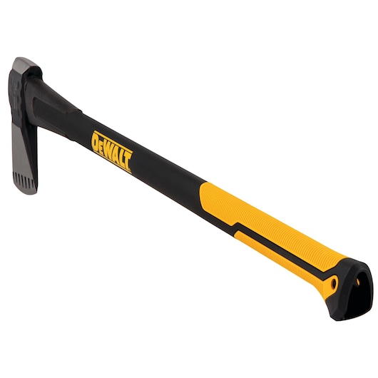 A DEWALT demolition hammer with a long black and yellow handle and metal head, designed for heavy-duty use.
