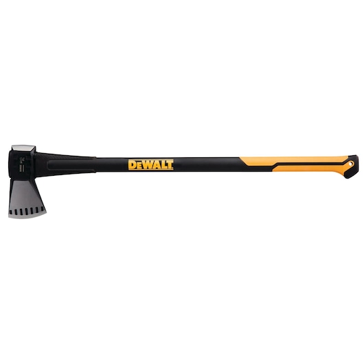 A DEWALT splitting axe with a black and yellow handle and a steel head, shown on a white background.