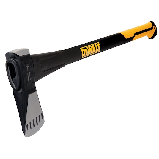 DEWALT-branded splitting axe with a black and yellow handle and a sharp, silver metal blade.