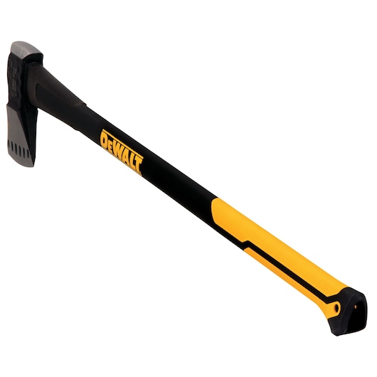 A DEWALT branded splitting axe with a black and yellow handle and sturdy metal head, shown against a white background.