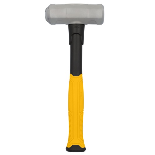 A DEWALT sledgehammer with a yellow handle and a grey head, standing upright against a white background.