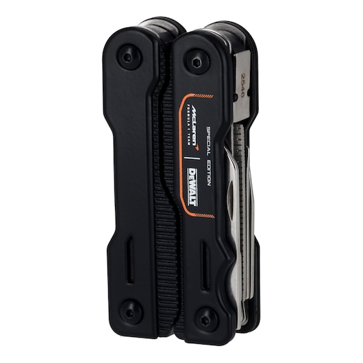DEWALT McLaren Special Edition multitool with various extended tools, including knife, ruler, scissors, and pliers.