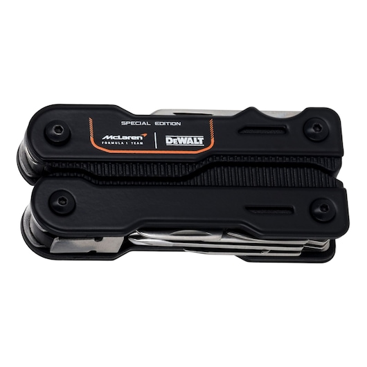 Closed DEWALT McLaren special edition black multitool with visible branding on outer casing.