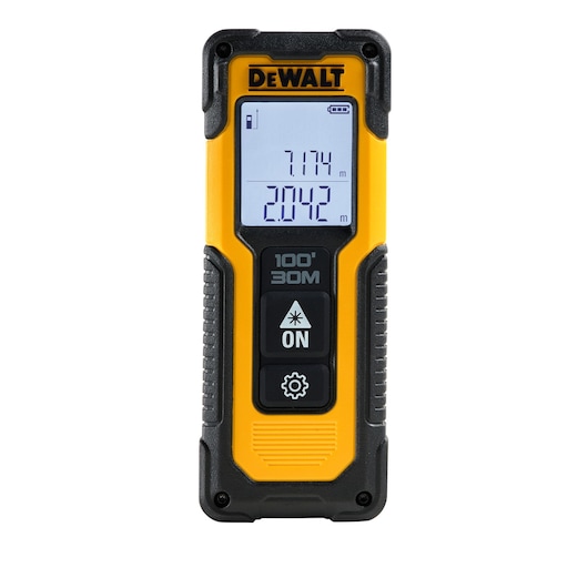 A DEWALT branded handheld laser distance measurer with a digital display showing measurements in meters. The device features yellow and black colors, buttons for operation, and a screen displaying battery and measurement information.