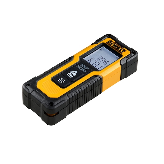 A DEWALT branded yellow and black laser distance measurer with a digital display showing measurement values. The device features an ON button and a gear icon for settings.