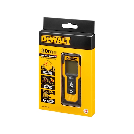 Packaging of a DEWALT DWHT77100 laser distance measurer. The box is black and yellow, showing the device in a clear plastic window. It specifies a 30 meter range, area and volume calculation functions, Pythagoras calculation, and calculator features.