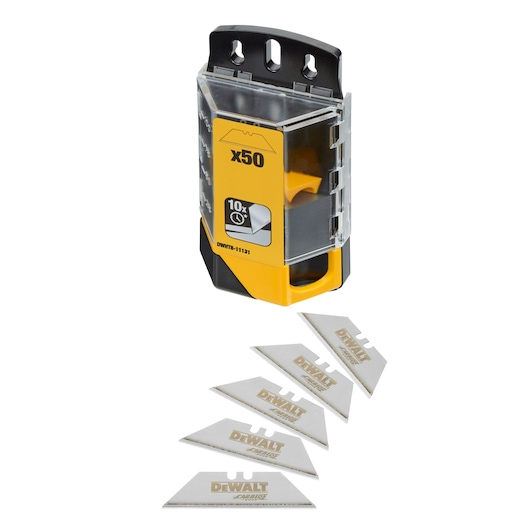 DEWALT utility knife blade set (DWHT8-11131) showing a yellow and black plastic dispenser containing 50 blades, with five silver replacement blades displayed in front of the dispenser.