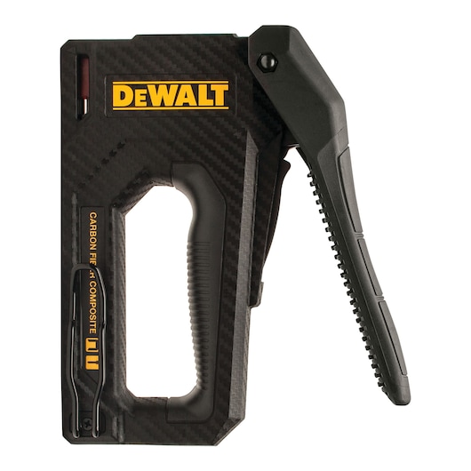 A carbon fiber composite DEWALT hand stapler with a black and yellow design, featuring a grip handle and a visible lever.