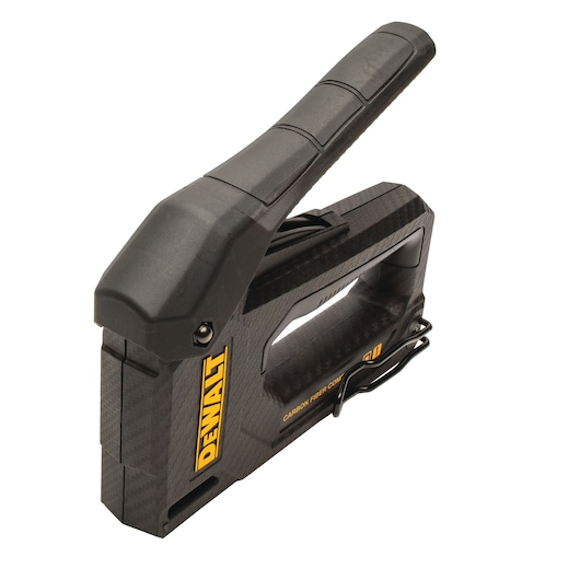 A DEWALT carbon fiber composite staple gun with a black ergonomic handle and yellow branding, shown against a white background.