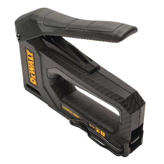 A DEWALT carbon fiber hand stapler with a black ergonomic handle and DEWALT branding in yellow on the side.