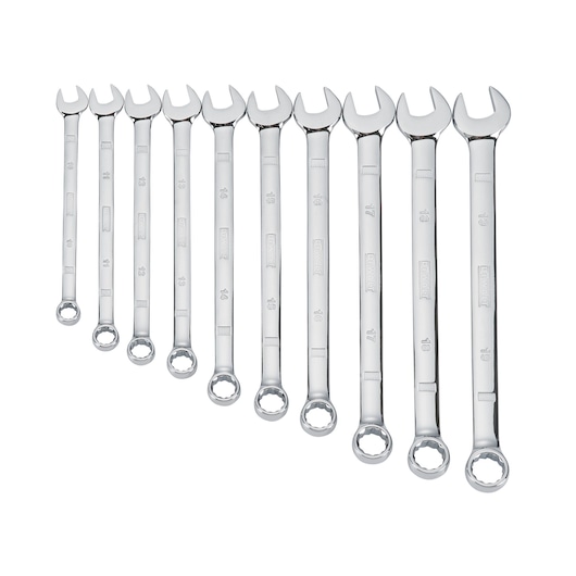 A set of ten shiny DEWALT combination wrenches in different sizes, arranged in a row on a white background. Each wrench has an open end and a ring end.