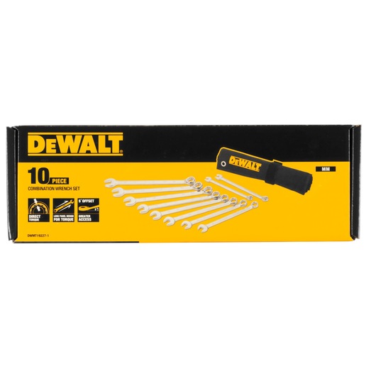Front view of a DEWALT 10-piece combination wrench set in its packaging. The box is black and yellow, showing the DEWALT logo, images of the wrenches and a roll-up pouch for storage. The packaging highlights features such as direct torque, greater access, and long panel design.
