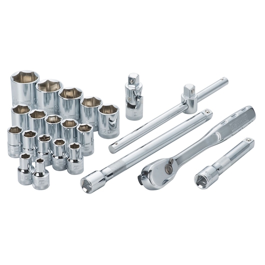 A set of shiny chrome DEWALT socket tools, including several different sizes of sockets, a ratchet handle, extension bars, and a universal joint, all arranged on a white background.