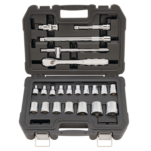 A black hard plastic case containing a DEWALT socket and ratchet set. The case is open, showing multiple chrome sockets, a ratchet, and extension bars securely organized in molded compartments.