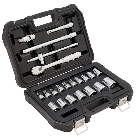 A black plastic case containing a DEWALT socket wrench set with multiple chrome sockets, ratchets, extension bars, and accessories.