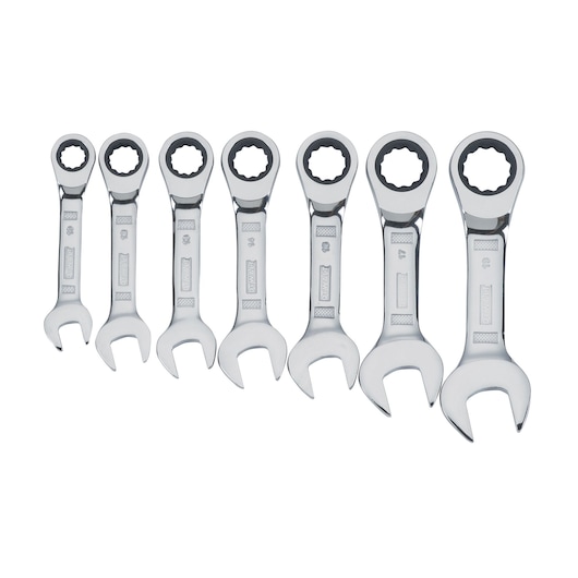 A set of seven DEWALT ratcheting combination wrenches, each with an open end and a ratcheting closed end, arranged in a row from smallest to largest on a white background.