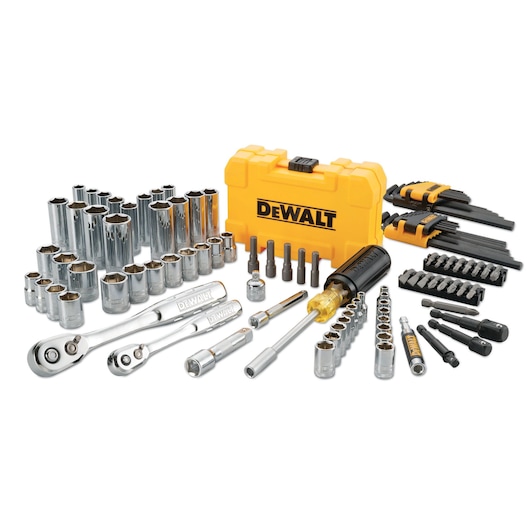 A complete DEWALT mechanic tool set displayed with a yellow carrying case. The set includes various sockets, ratchets, screwdrivers, hex keys, and assorted bits, all arranged neatly in front of the branded DEWALT case.