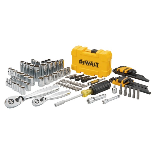 DEWALT hand tool set including ratchets, sockets, screwdriver with bits, hex keys, and a yellow case, all arranged neatly on a white background.