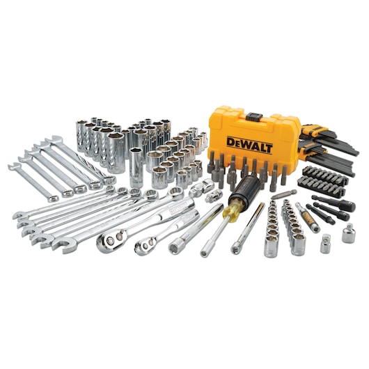 A comprehensive DEWALT socket and wrench tool set including various sockets, wrenches, ratchets, screwdriver bits, and accessories. All tools are arranged in front of a yellow DEWALT carrying case.