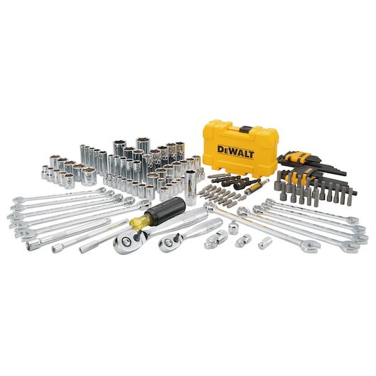 A large DEWALT mechanics tool set consisting of numerous chrome sockets, ratchets, wrenches, hex keys, bits, accessories, and a yellow DEWALT storage case, all displayed on a white background.