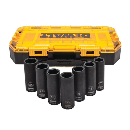A DEWALT branded yellow and black storage case with a set of eight deep impact sockets arranged in front. The sockets are labeled with different sizes and are intended for heavy-duty automotive or mechanical work.