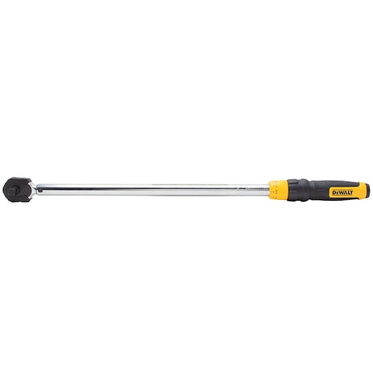 A DEWALT torque wrench with a long chrome shaft, black and yellow handle, and a ratcheting head, shown on a white background.