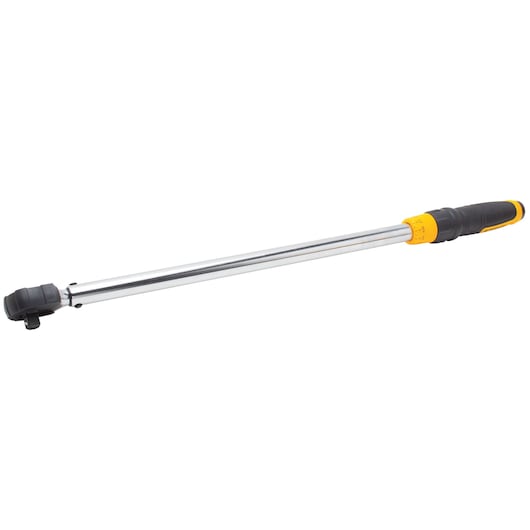 A DEWALT torque wrench with a long, polished metal handle, black and yellow grip, and adjustable head, photographed on a white background.