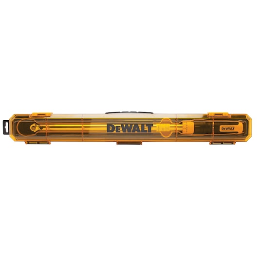 A DEWALT branded long, rectangular yellow storage case with transparent lid, containing hand tools that are visible inside.
