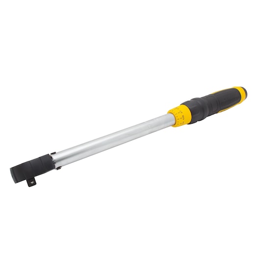 A DEWALT torque wrench with a silver metal shaft and a black and yellow handle, shown isolated on a white background.