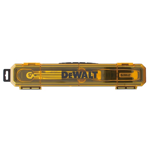 A DEWALT branded yellow storage case containing a tool, seen from above, with a transparent cover displaying the DEWALT logo.