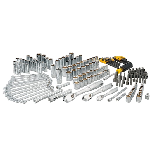 A comprehensive DEWALT tool set, including various sockets, wrenches, ratchets, screwdrivers, and bits, all arranged in rows. The tools are mostly metallic and some components have yellow and black accents.