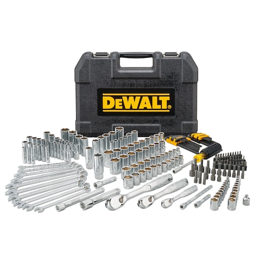 A comprehensive DEWALT socket and wrench set with numerous chrome-finished pieces and a black, hard plastic carrying case with yellow DEWALT branding.