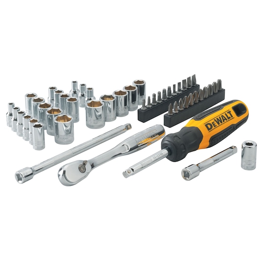 A DEWALT socket and ratchet set including various chrome sockets, bits, a ratchet wrench, extension bars, and a black and yellow screwdriver, all arranged on a white background.