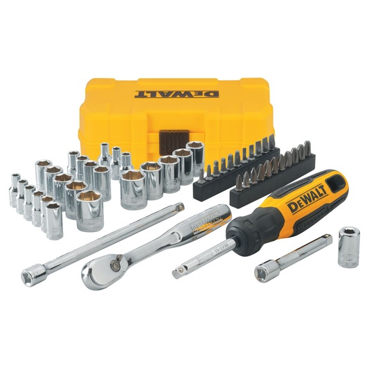 A DEWALT socket and screwdriver set including various chrome sockets, bits, a ratchet, extensions, and a yellow carrying case with DEWALT branding.