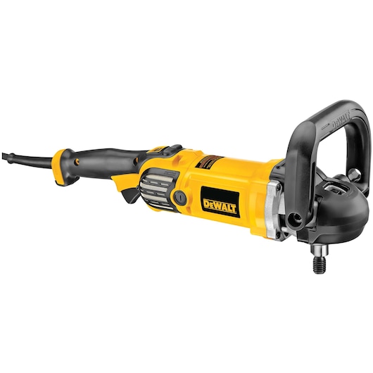 A DEWALT DWP849X variable speed polisher with a yellow and black body, featuring a sturdy side handle, designed for precision polishing tasks.