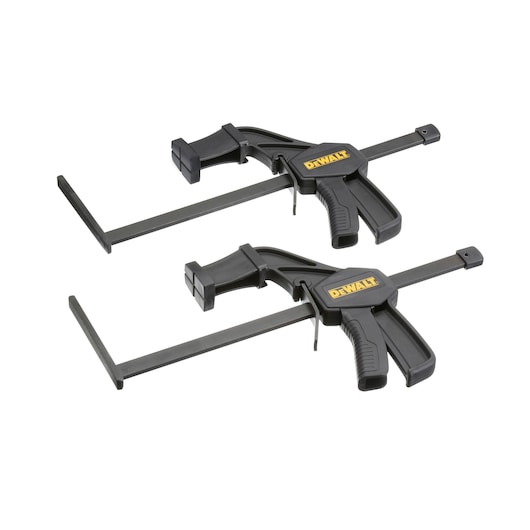 Two DEWALT quick-release clamps, black in color, shown side by side on a white background. Each clamp features a pistol grip handle and extended clamping arms.