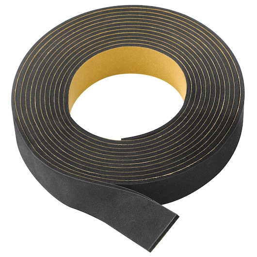 A roll of black adhesive tape with a yellow backing, partially unrolled. The tape appears to be thick and sturdy, suitable for various applications.