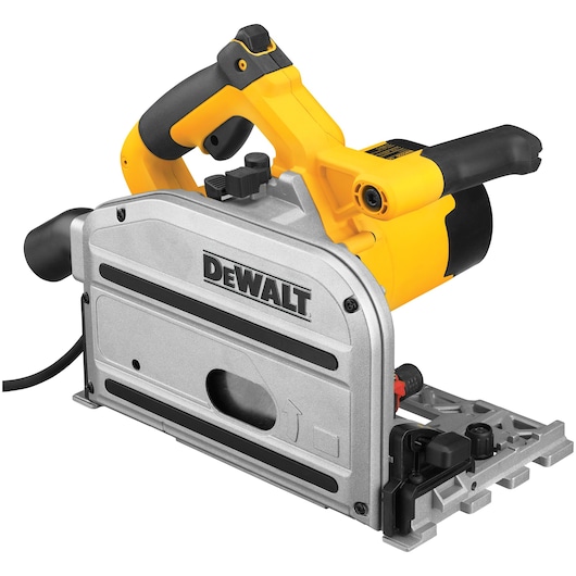 DEWALT DWS520K plunge circular saw with a yellow and black handle, metallic body, and visible blade opening, designed for precise woodworking and construction cuts.
