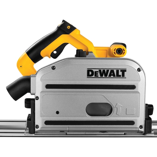 Close-up image of a DEWALT track saw, featuring a silver and yellow casing, black handle, and the DEWALT logo prominently displayed on the side. The saw is positioned on a metal track, designed for precision cutting.
