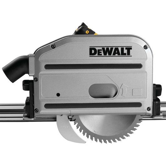 A close-up view of a DEWALT DWS520K track saw, showing the metallic body, circular blade, and the DEWALT logo. The tool is designed for precise cutting in woodworking and construction.