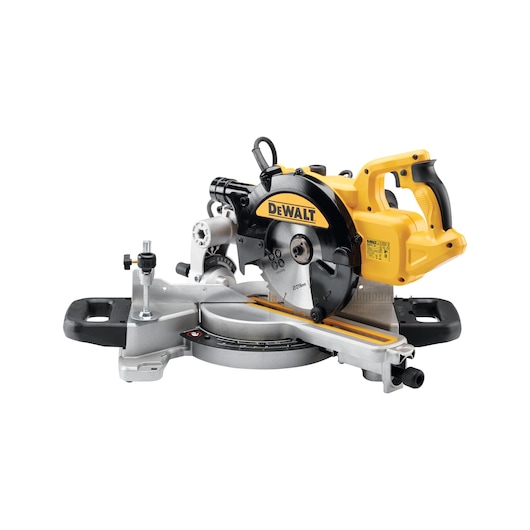 A DEWALT DWS773 yellow and black mitre saw with a circular blade, used for precise woodworking and cutting tasks, shown on a white background.