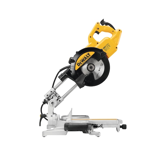 Side view of a DEWALT DWS773 mitre saw with yellow and black design, positioned at an angle. The saw features a circular blade and a sturdy base, intended for precise cutting tasks.