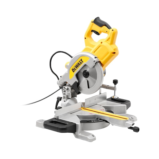A DEWALT branded yellow and silver miter saw with power cord, suitable for precision wood cutting.