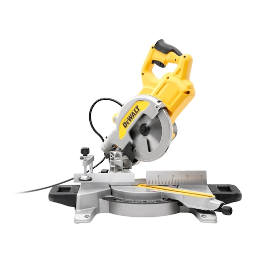 A DEWALT DWS777 compound miter saw with a yellow and black handle and silver circular blade, placed on a white background.