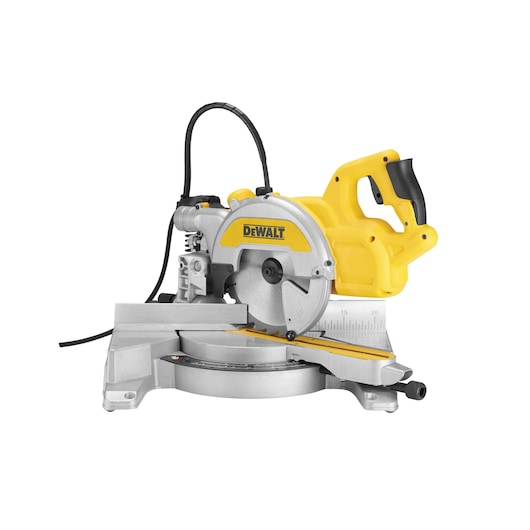 A DEWALT DWS777 mitre saw featuring a yellow and silver design, with a circular blade, adjustable base, and ergonomic handle. The saw is positioned on a white background.