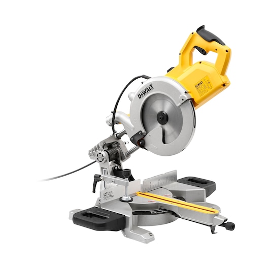 A DEWALT DWS778 sliding mitre saw featuring a circular saw blade, sturdy base, and ergonomic yellow handle. The saw is designed for accurate cross, bevel, and mitre cuts in woodworking.