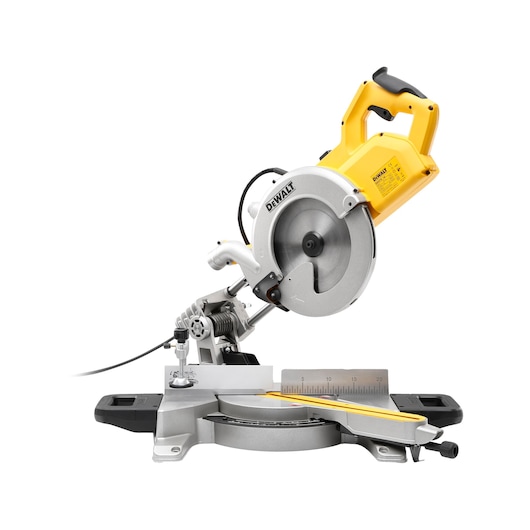 A DEWALT DWS778 miter saw with a yellow handle, silver circular blade, and measurement guide, designed for precise woodworking and cutting tasks.
