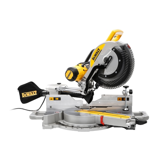 A DEWALT DWS780 sliding compound miter saw with dust collection bag, featuring a yellow and black design, used for precise woodworking and cutting tasks.