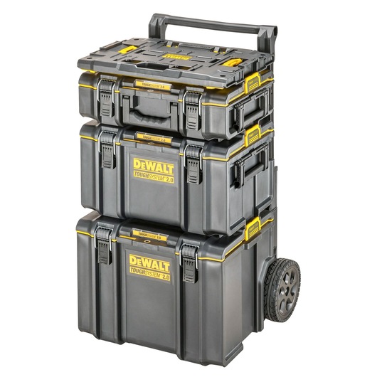 Stacked DEWALT ToughSystem 2.0 tool storage boxes on a wheeled trolley, with three black and yellow modular boxes, suitable for organizing and transporting tools.